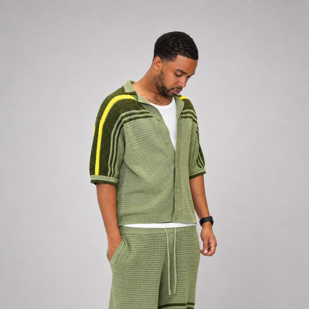 the crochet-knit striped shirt - brasilia green no sauce