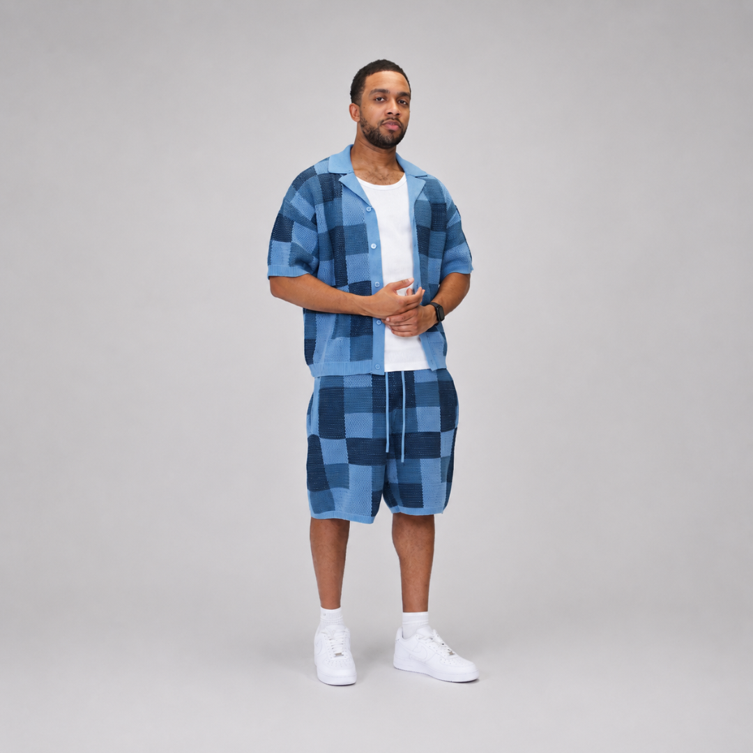 the crochet-knit checkered shirt - blue No Sauce