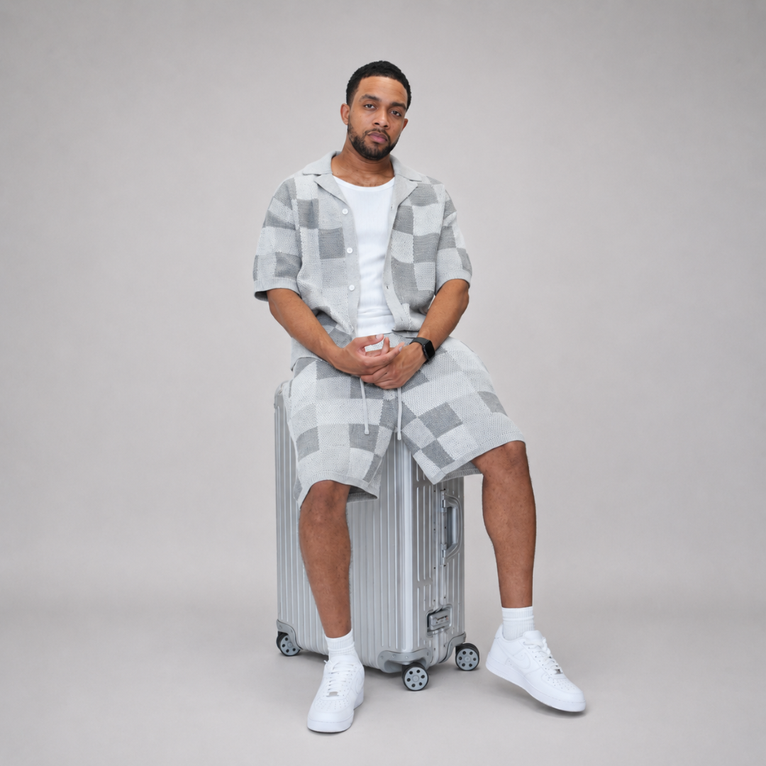 the crochet-knit checkered shorts - grey no sauce