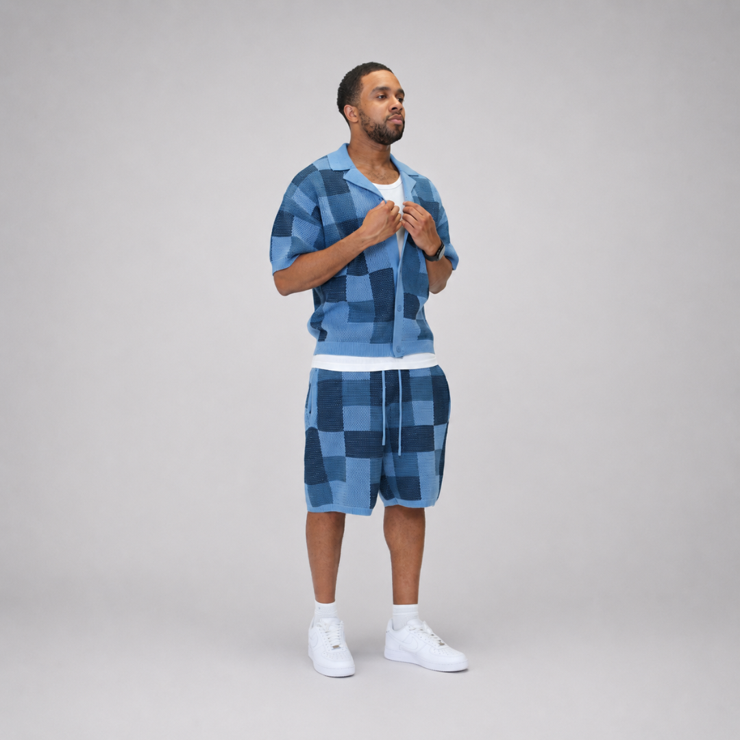 the crochet-knit checkered shirt - blue No Sauce