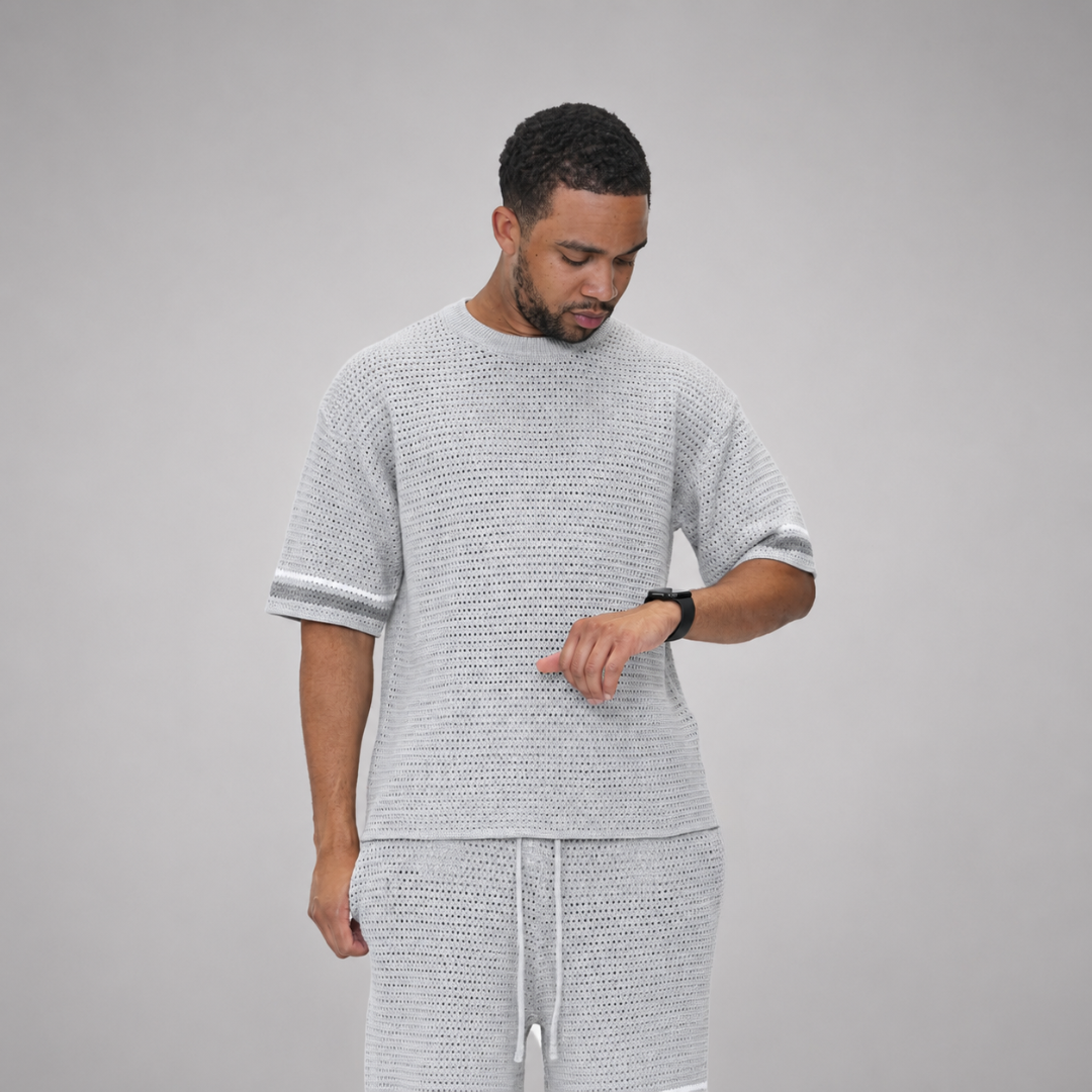 the crochet-knit striped tee - grey no sauce