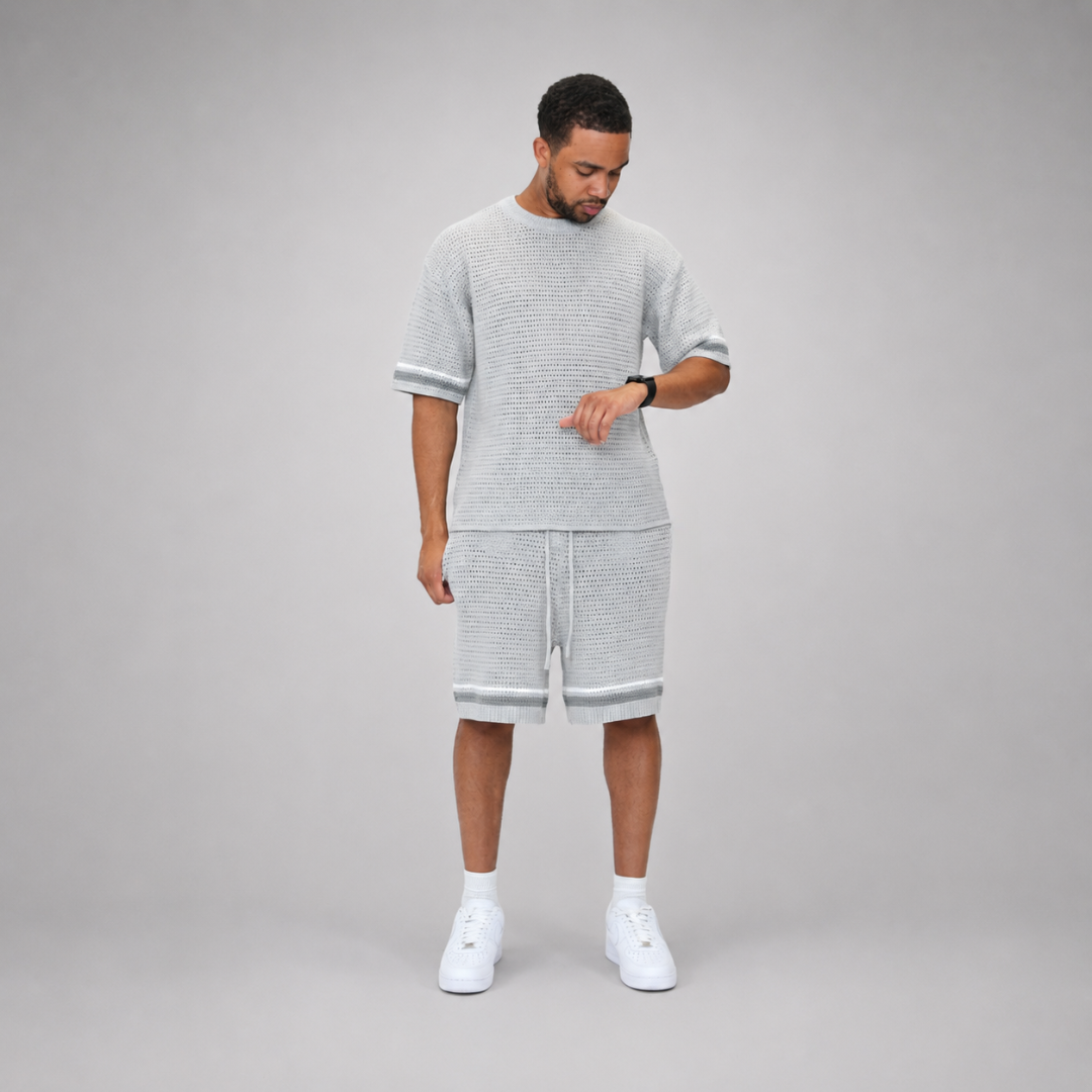 the crochet-knit striped tee - grey no sauce