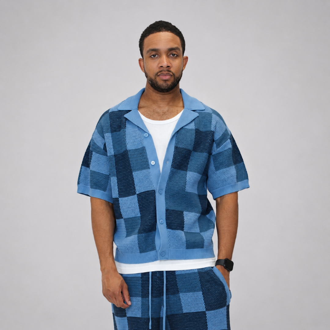 the crochet-knit checkered shirt - blue No Sauce