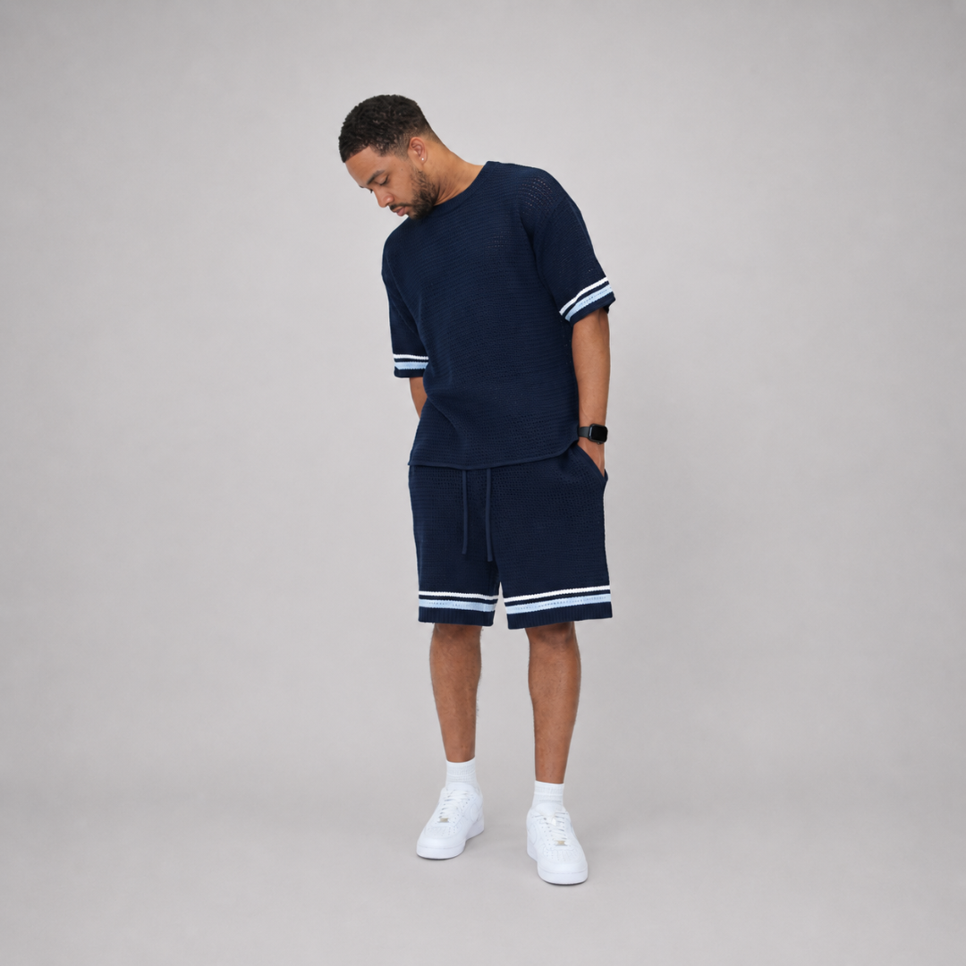 the crochet-knit striped tee - navy no sauce