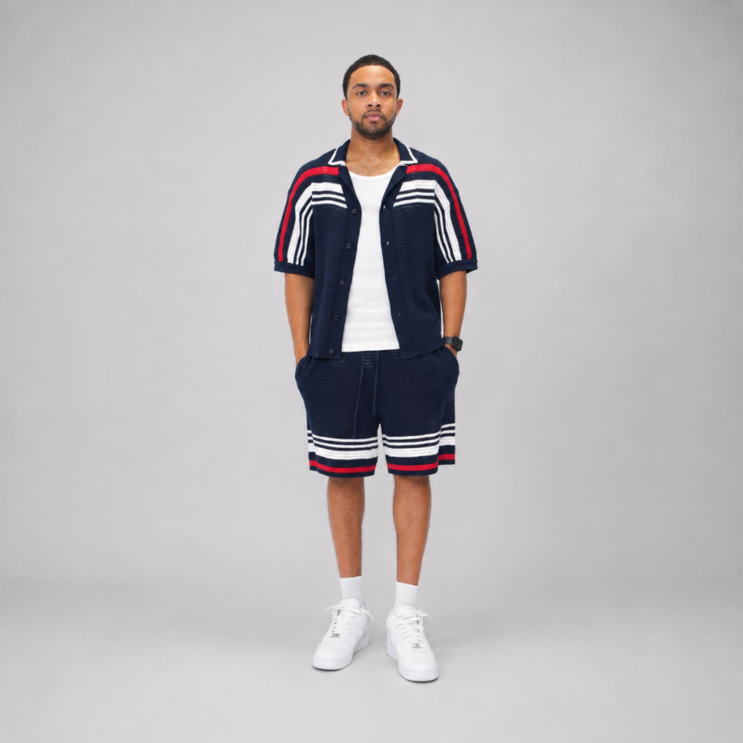 the crochet-knit striped shirt - français navy no sauce