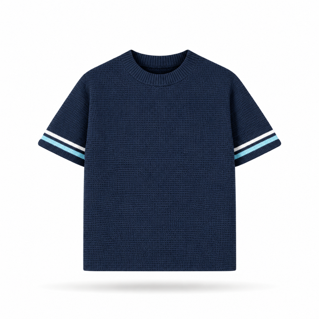 the crochet-knit striped tee - navy no sauce