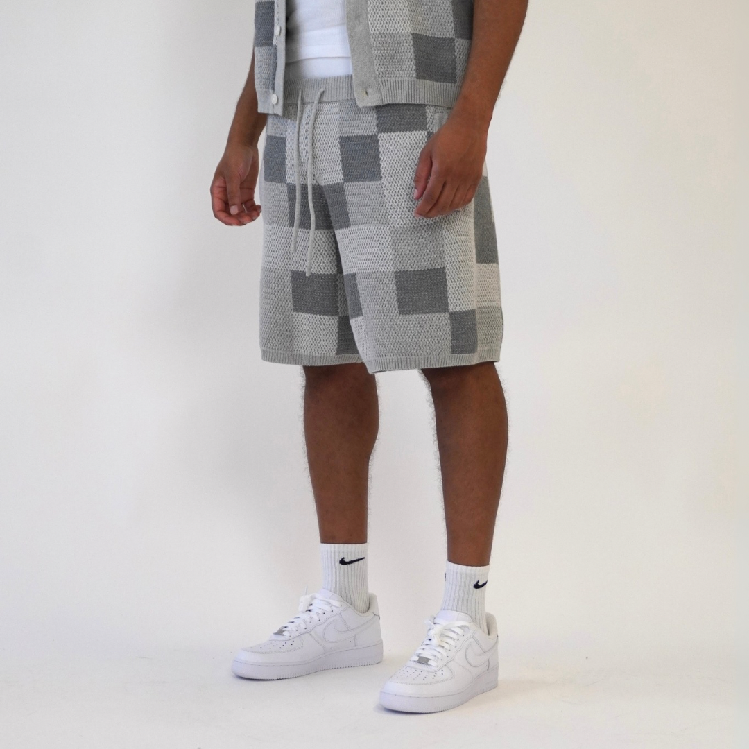 the crochet-knit checkered shirt - grey