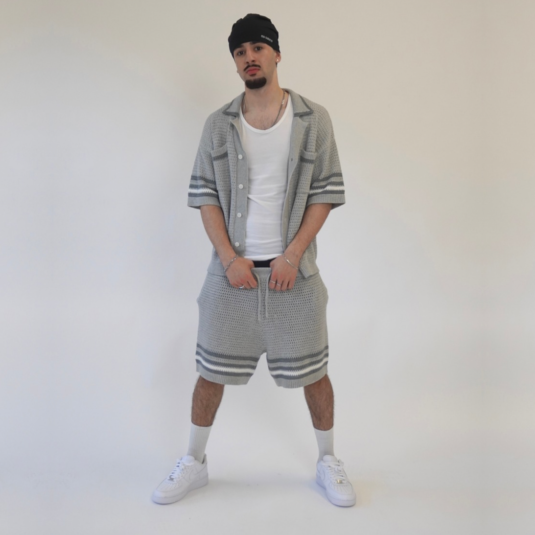 the crochet-knit stripe shorts - grey