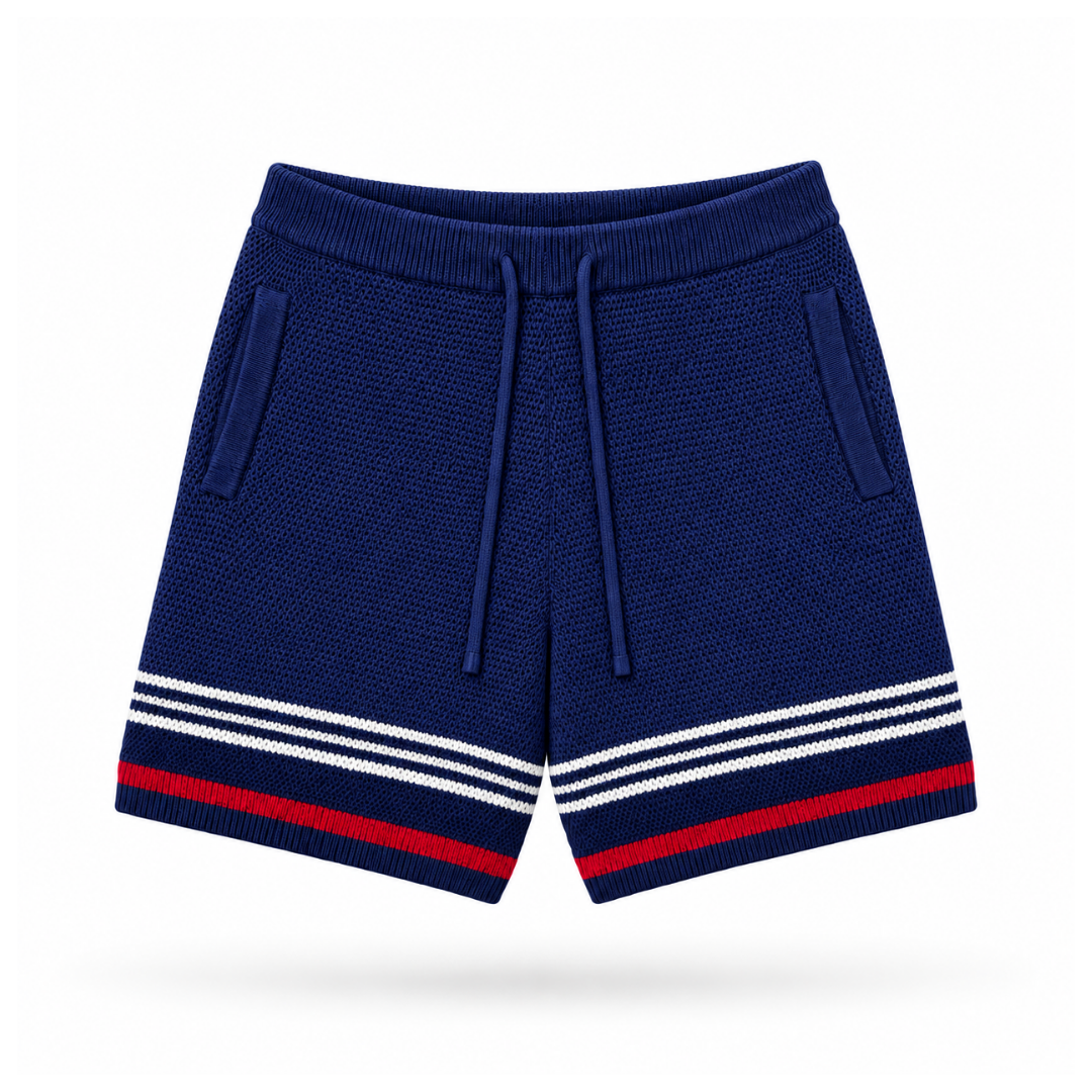 the crochet-knit striped shorts - français navy no sauce