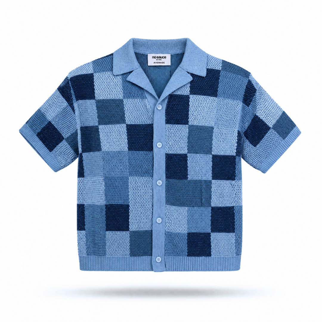 the crochet-knit checkered shirt - blue No Sauce