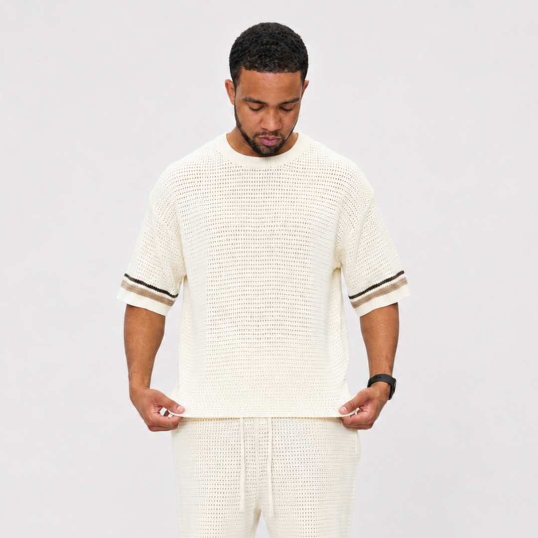 the crochet-knit striped tee - crème no sauce