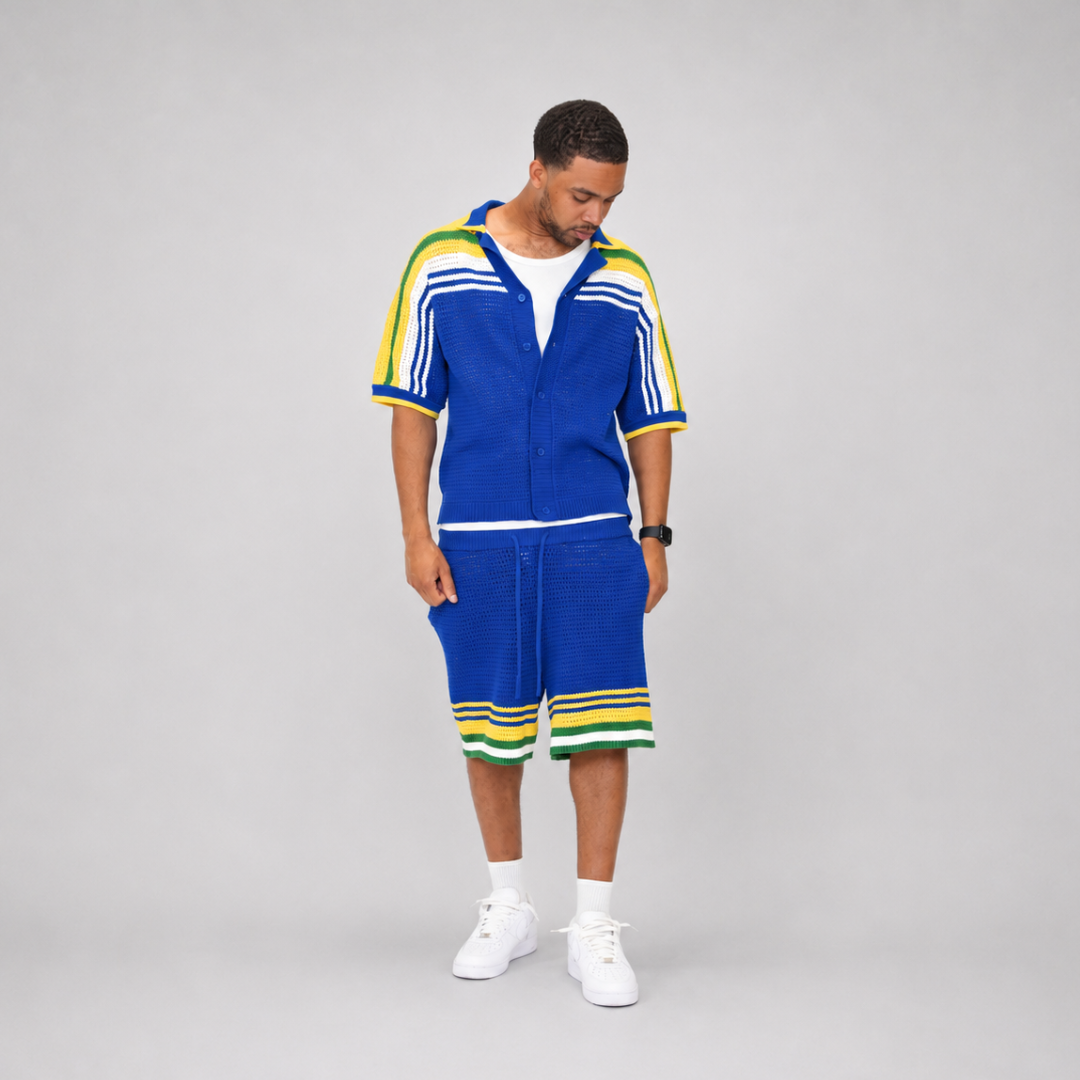 the crochet-knit striped shirt - brasilia blue no sauce
