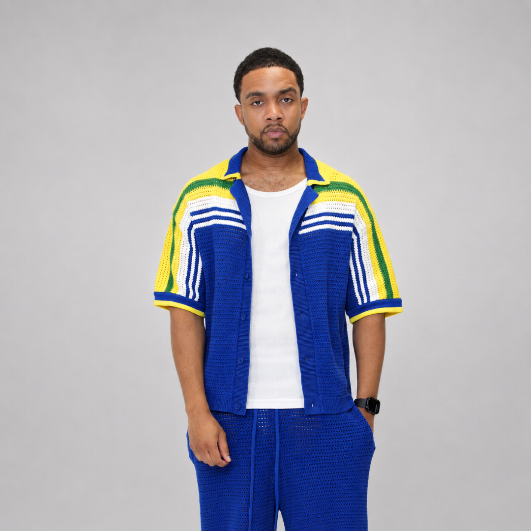 the crochet-knit striped shirt - brasilia blue no sauce