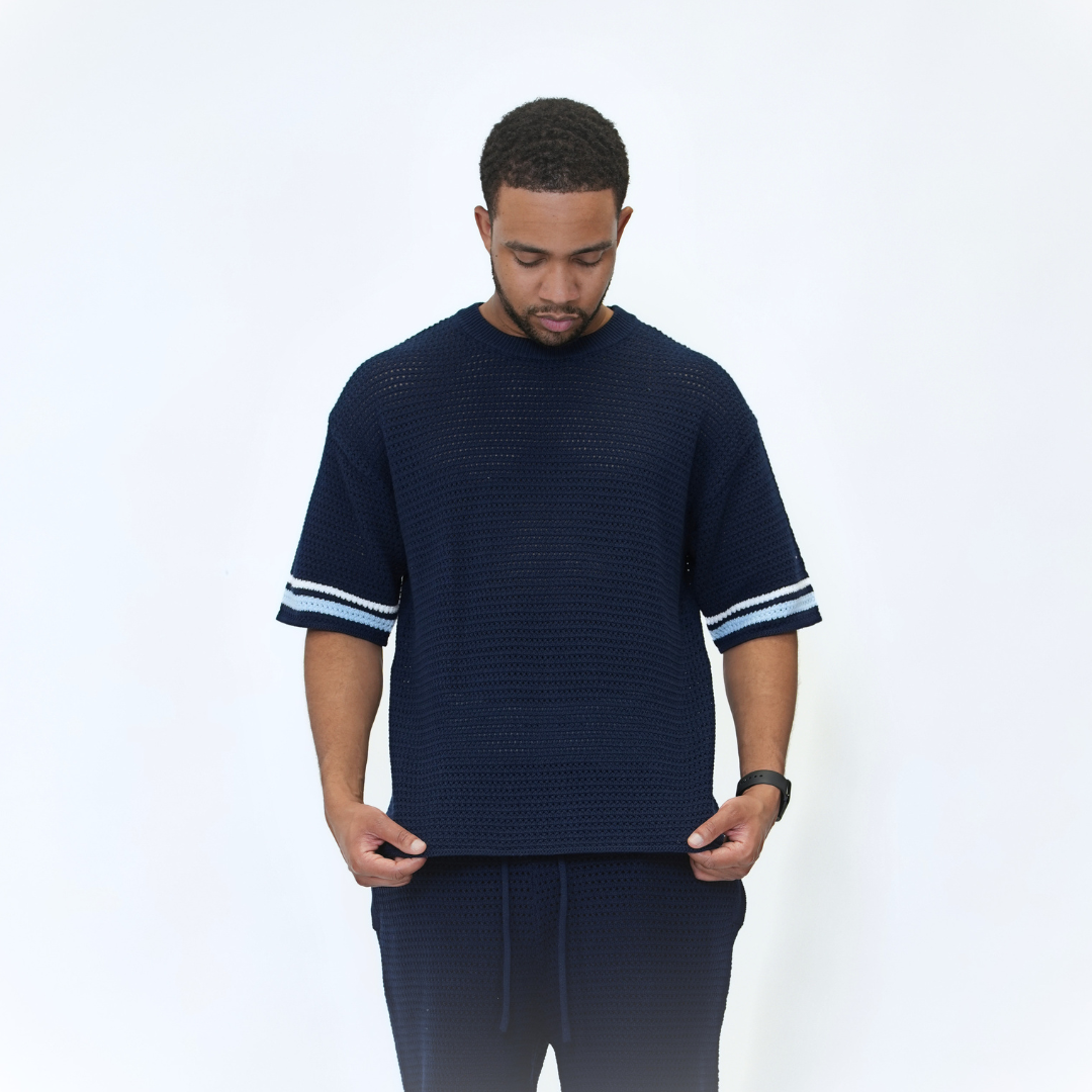 the crochet-knit striped tee - navy no sauce
