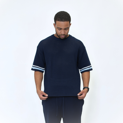 the crochet-knit striped tee - navy no sauce
