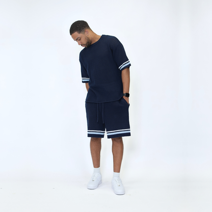 the crochet-knit striped tee - navy no sauce