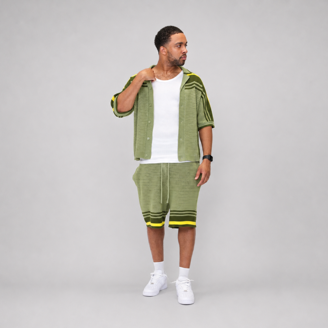 the crochet-knit striped shirt - brasilia green no sauce