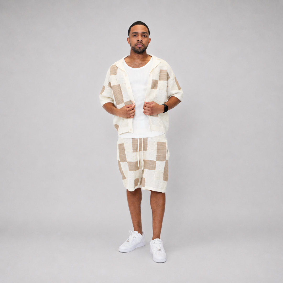 the crochet-knit checkered shirt - crème no sauce