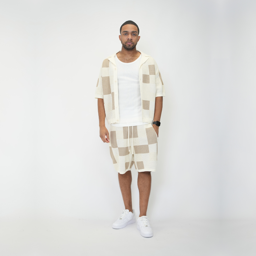 the crochet-knit checkered shirt - crème no sauce