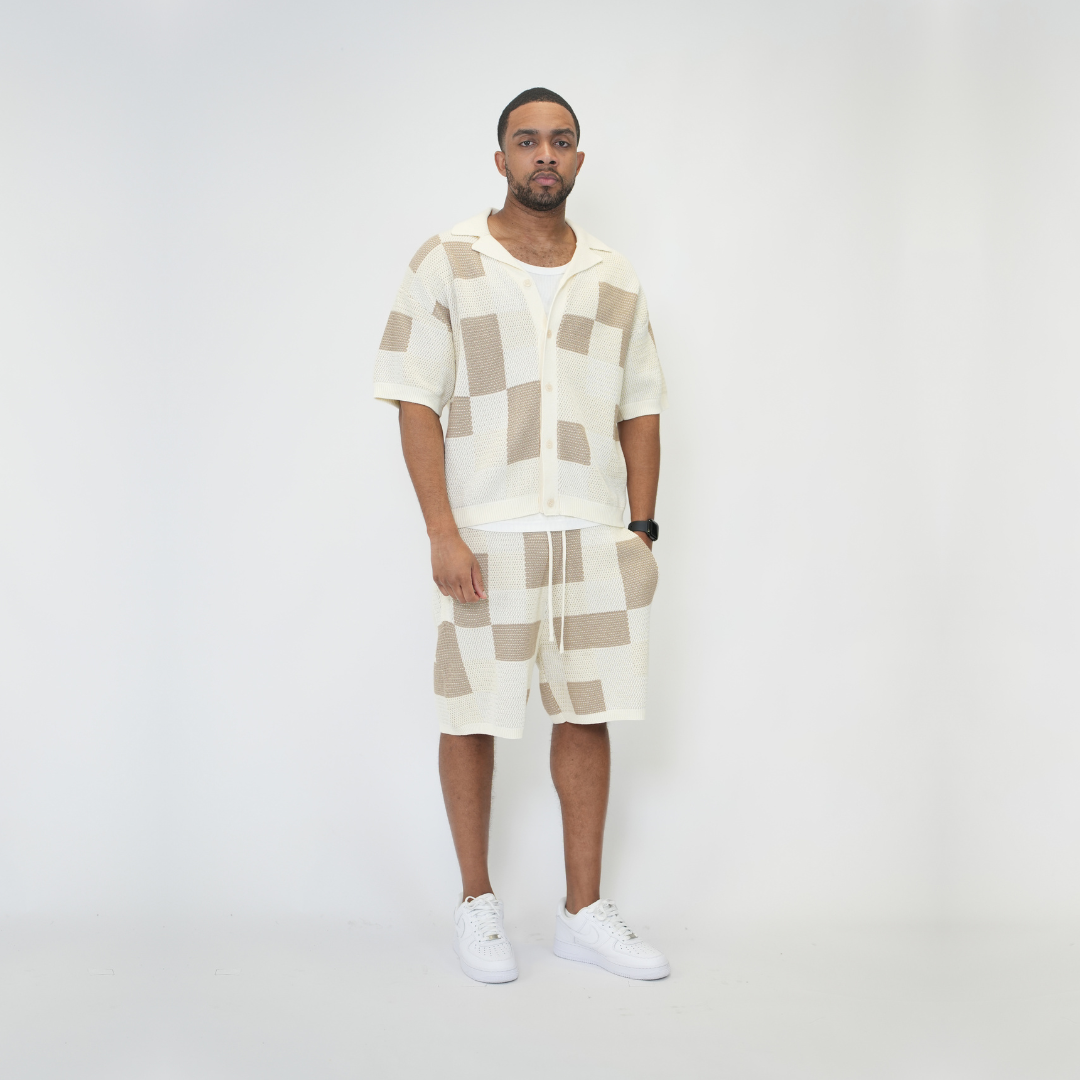 the crochet-knit checkered shirt - crème no sauce