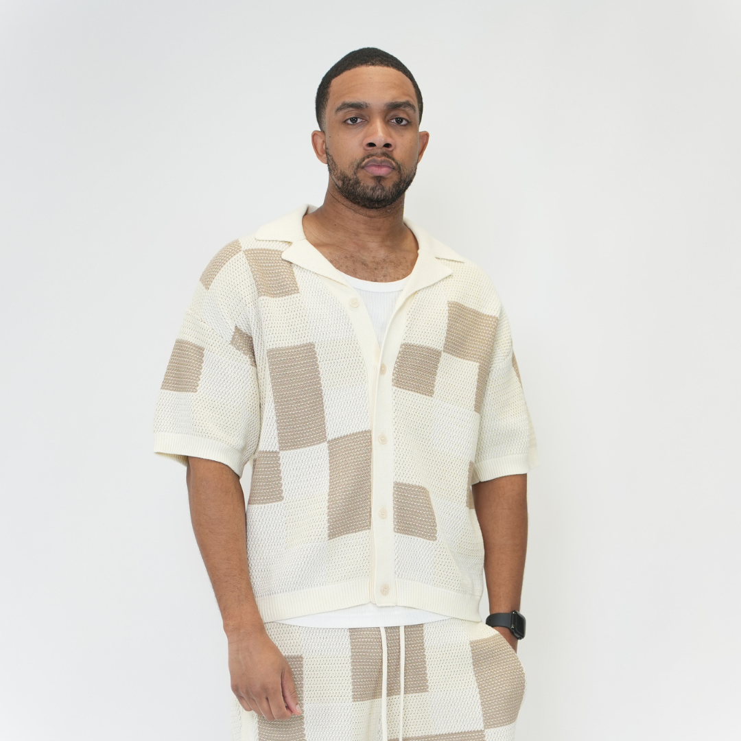 the crochet-knit checkered shirt - crème no sauce