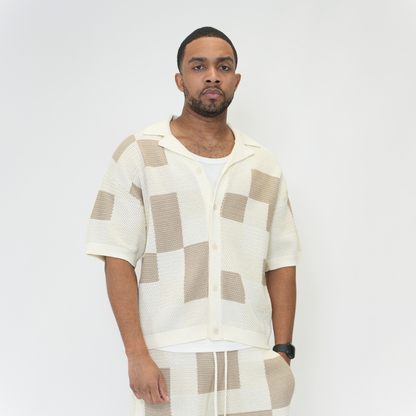 the crochet-knit checkered shirt - crème no sauce