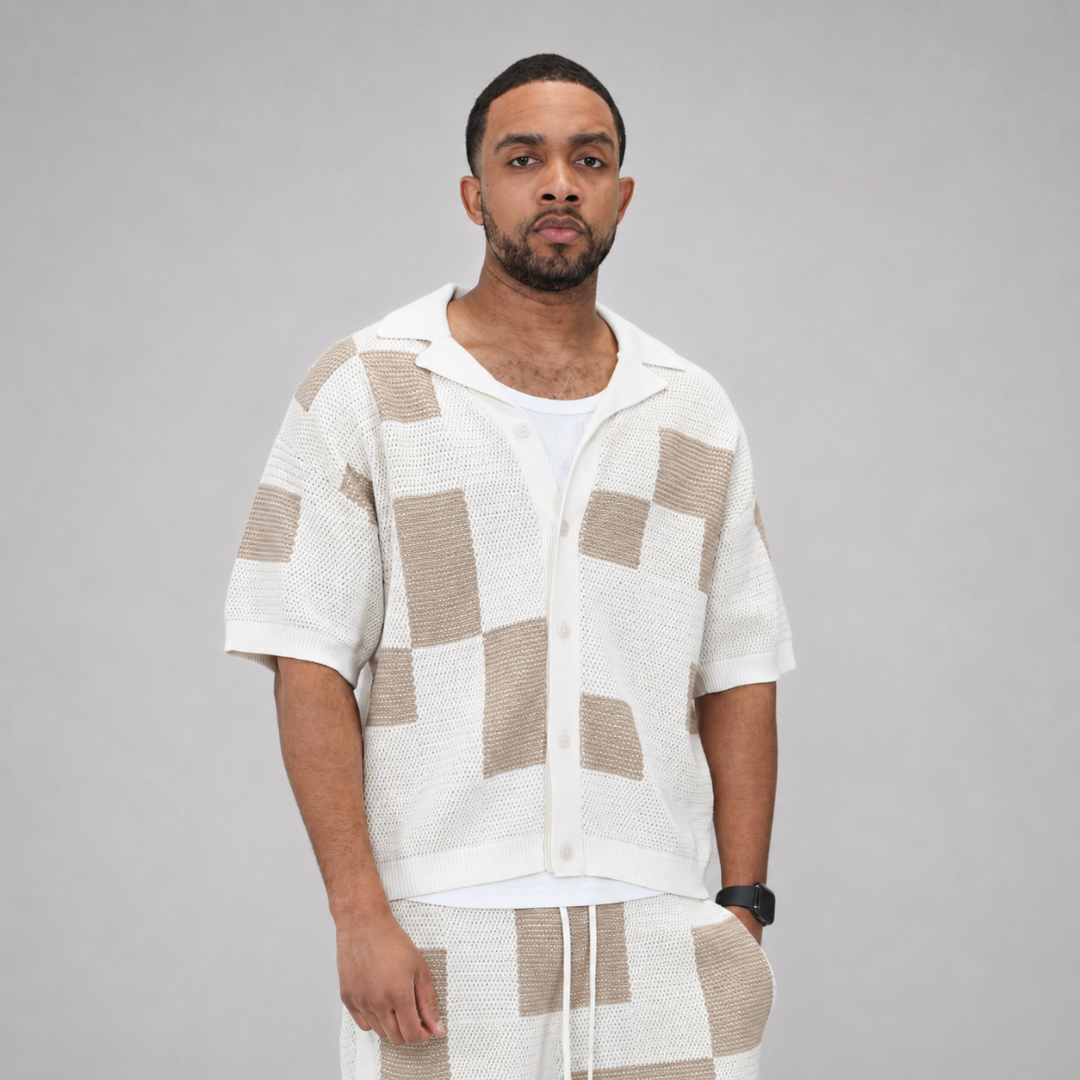 the crochet-knit checkered shirt - crème no sauce
