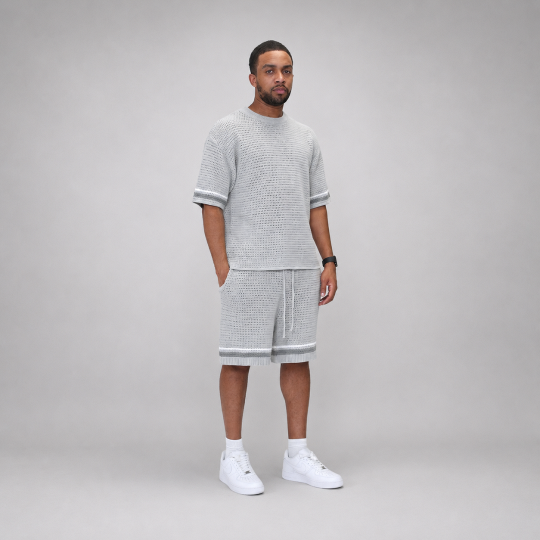 the crochet-knit striped tee - grey no sauce