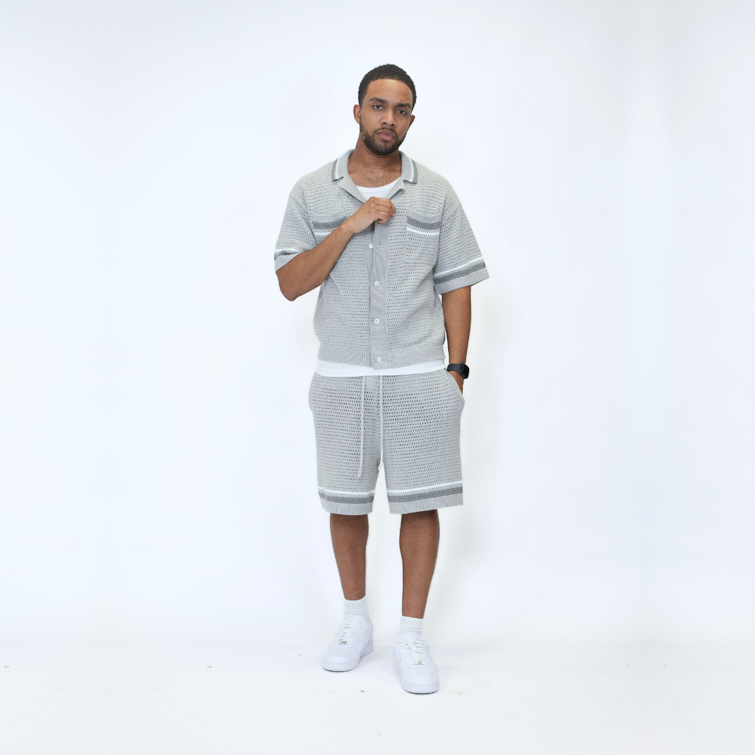 the crochet-knit striped shirt - grey – No Sauce