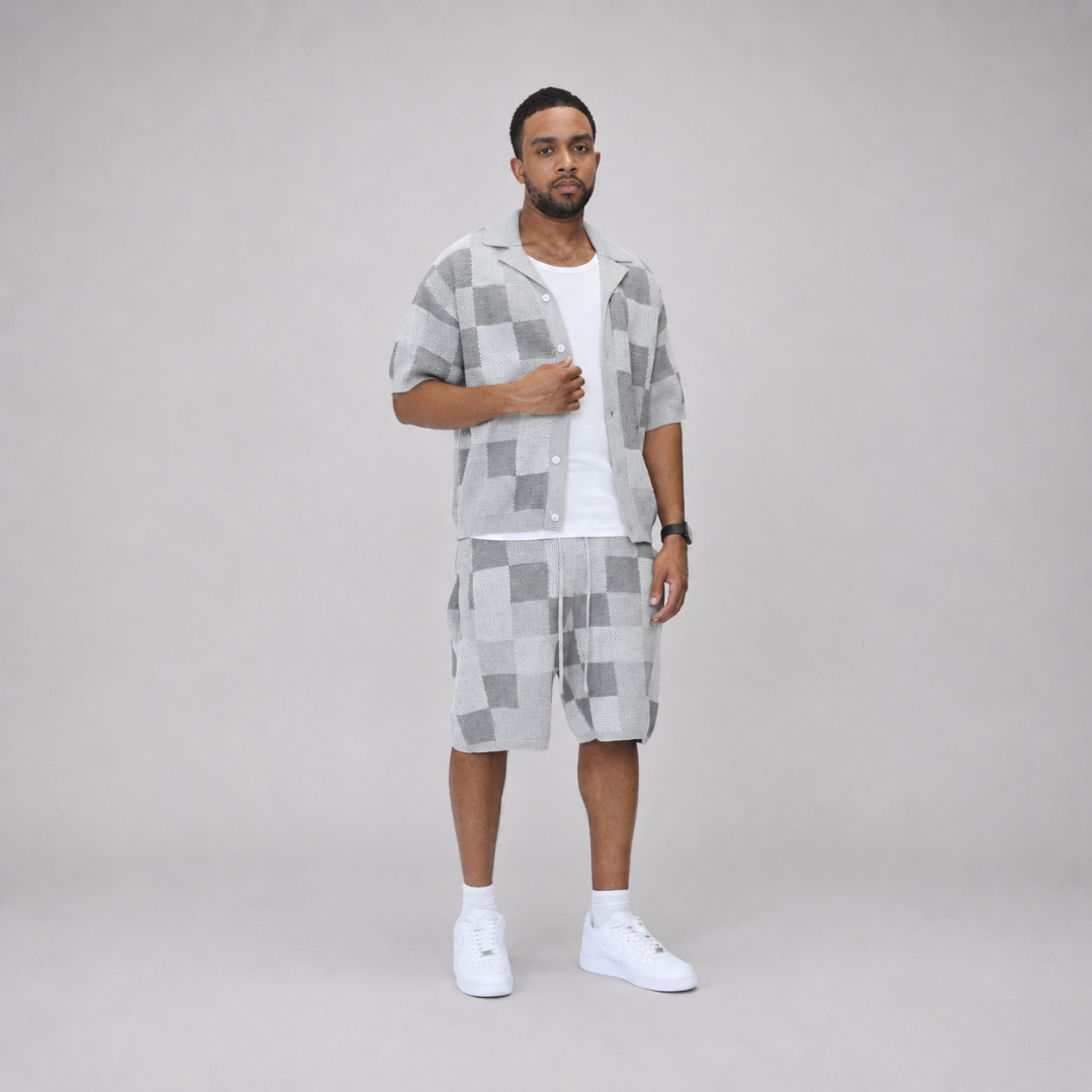 the crochet-knit checkered shorts - grey no sauce