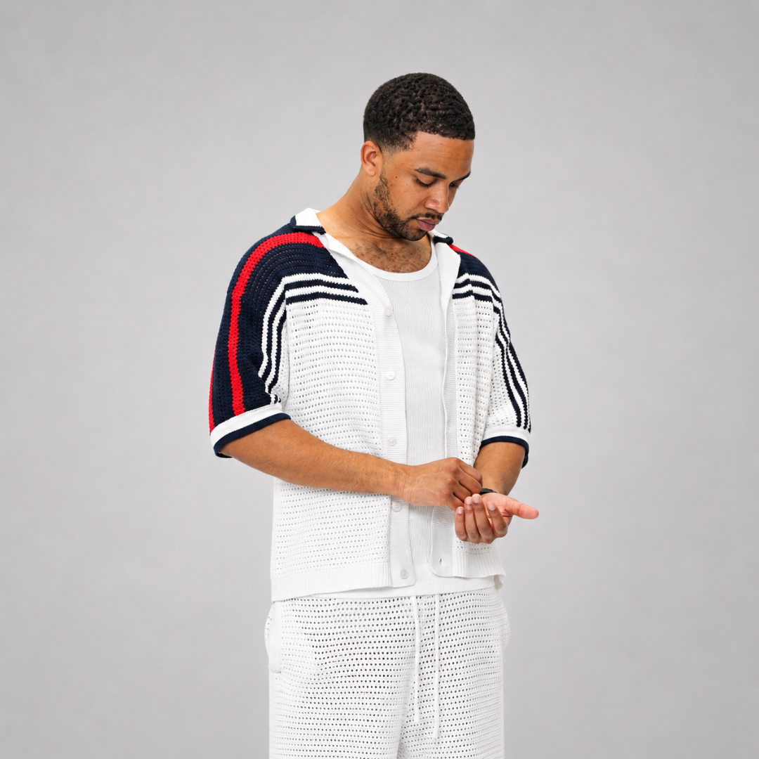 the crochet-knit striped shirt - français white no sauce
