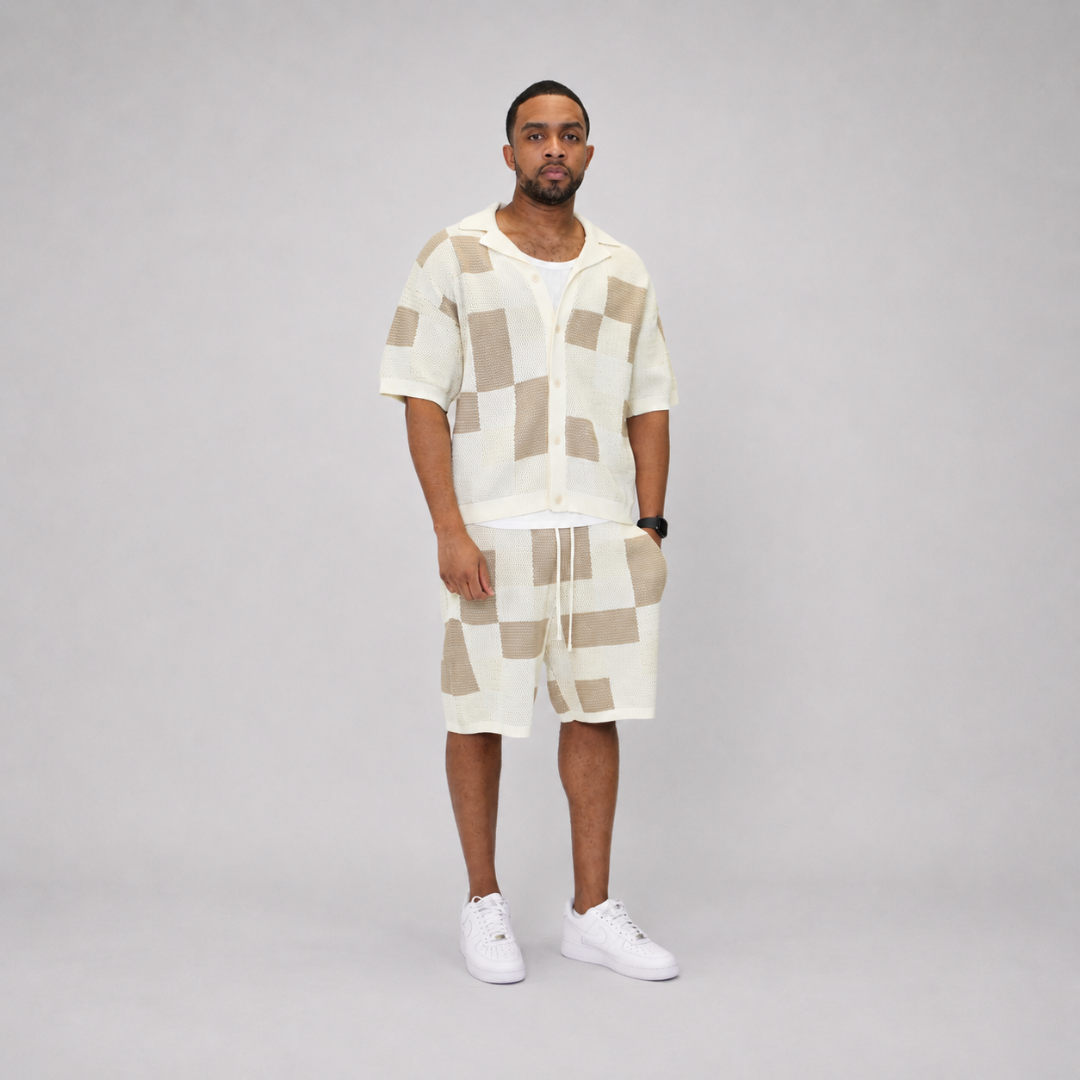 the crochet-knit checkered shirt - crème no sauce