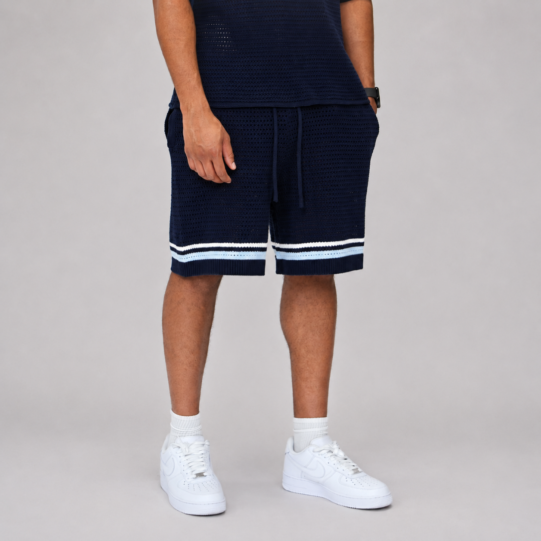 the crochet-knit striped tee - navy no sauce