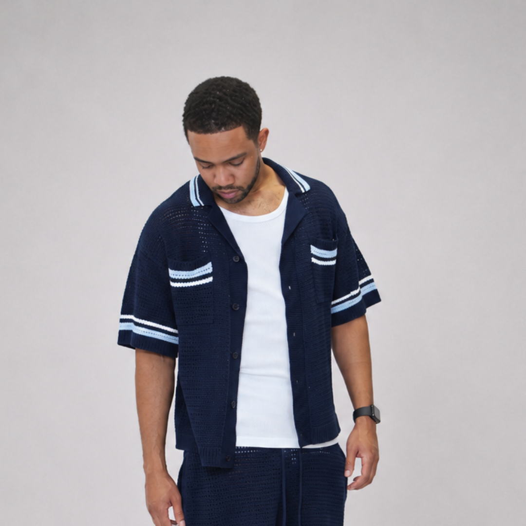 the crochet-knit striped shirt - navy No Sauce