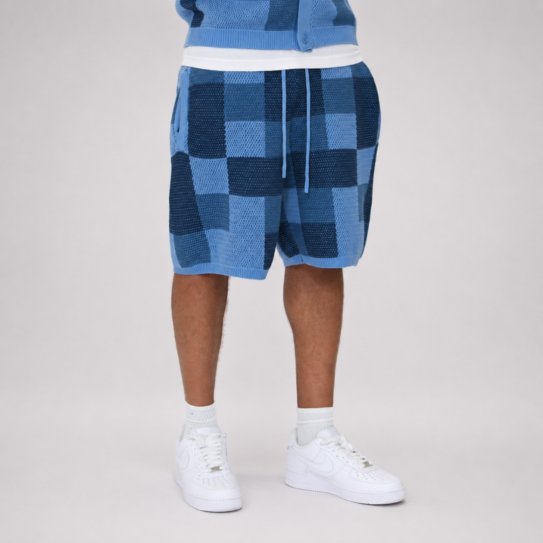 the crochet-knit checkered shirt - blue No Sauce