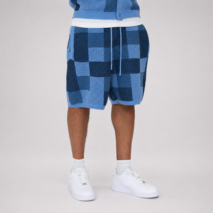 the crochet-knit checkered shirt - blue No Sauce