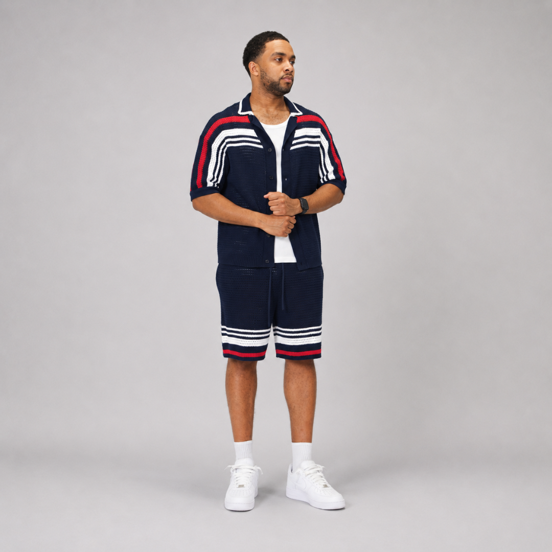 the crochet-knit striped shirt - français navy no sauce