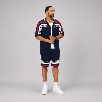 the crochet-knit striped shirt - français navy no sauce