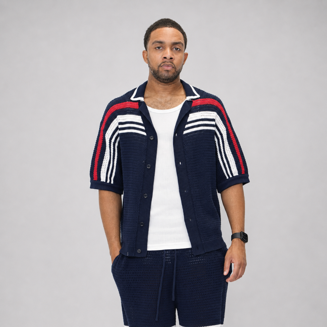 the crochet-knit striped shirt - français navy no sauce