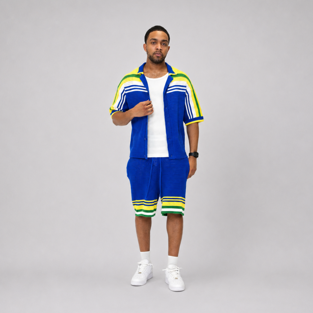 the crochet-knit striped shirt - brasilia blue no sauce