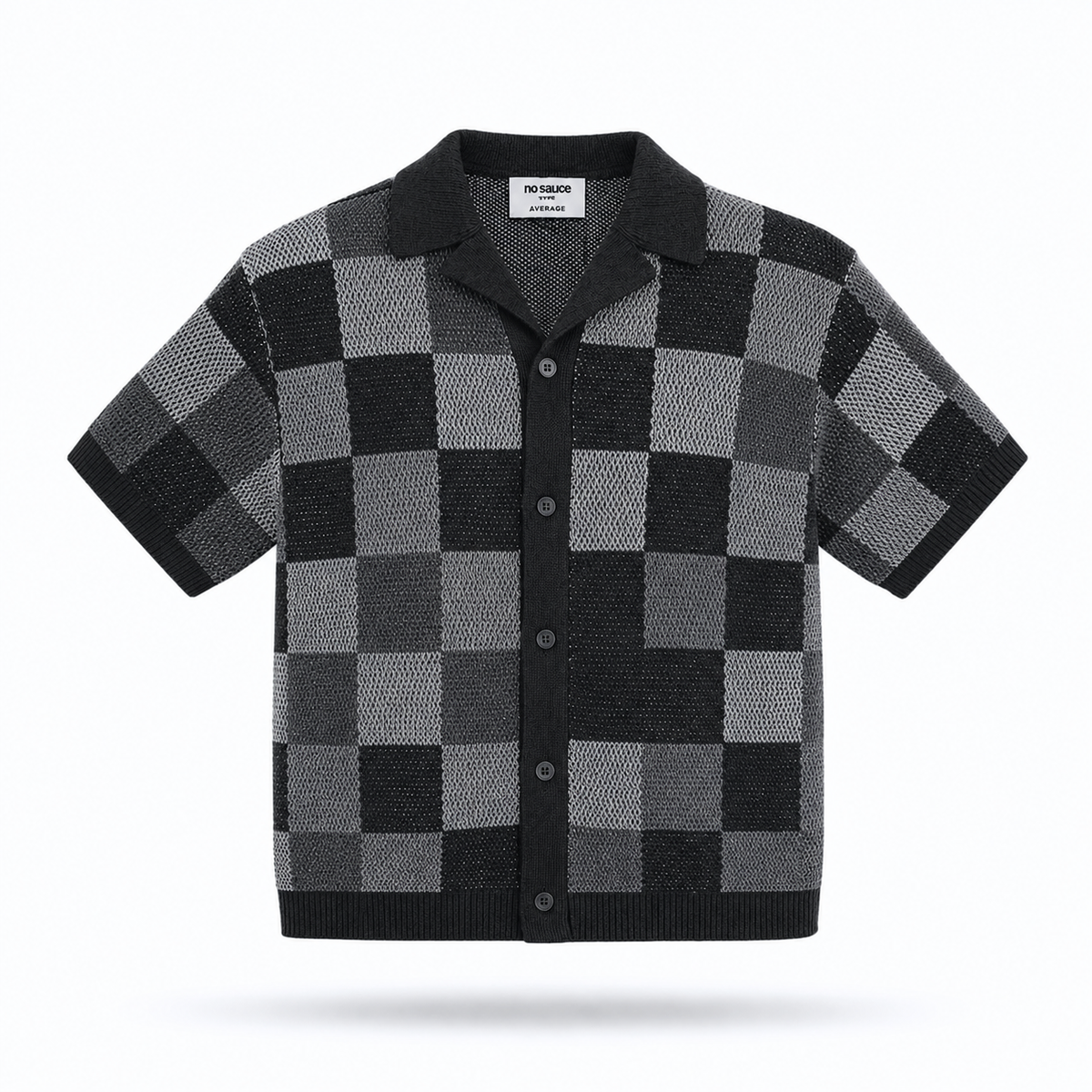 the crochet-knit checkered shirt - black no sauce