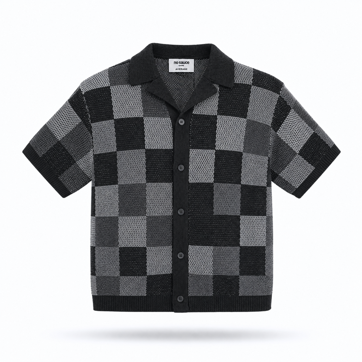 the crochet-knit checkered shirt - black no sauce