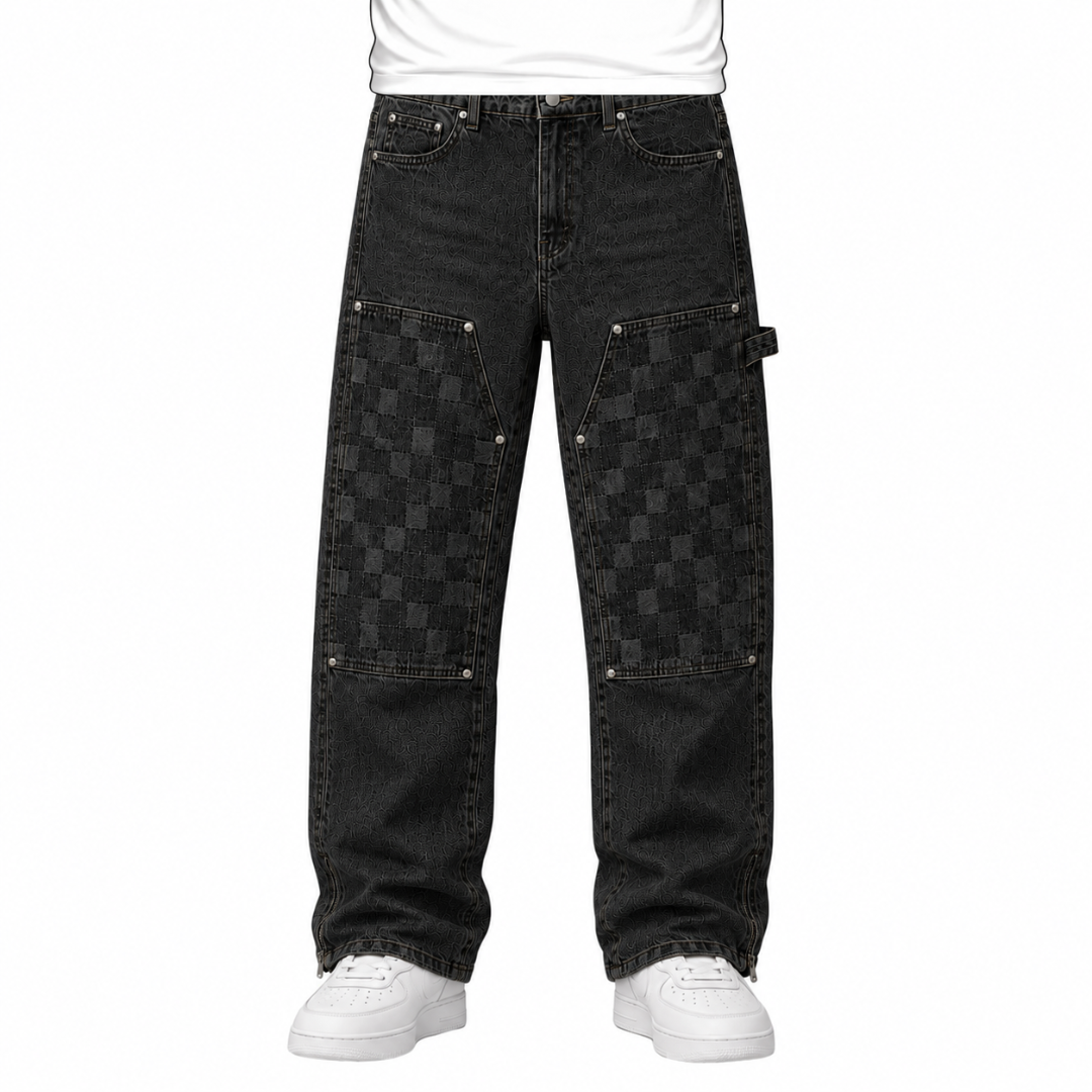 the checkered straight leg carpenta’ jeans - black No Sauce