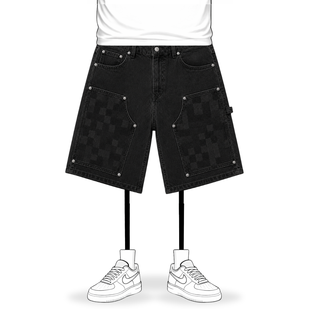 the checkered denim carpenta' shorts - black No Sauce