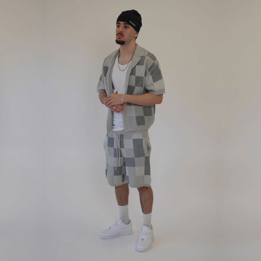 the crochet-knit checkered shirt - grey