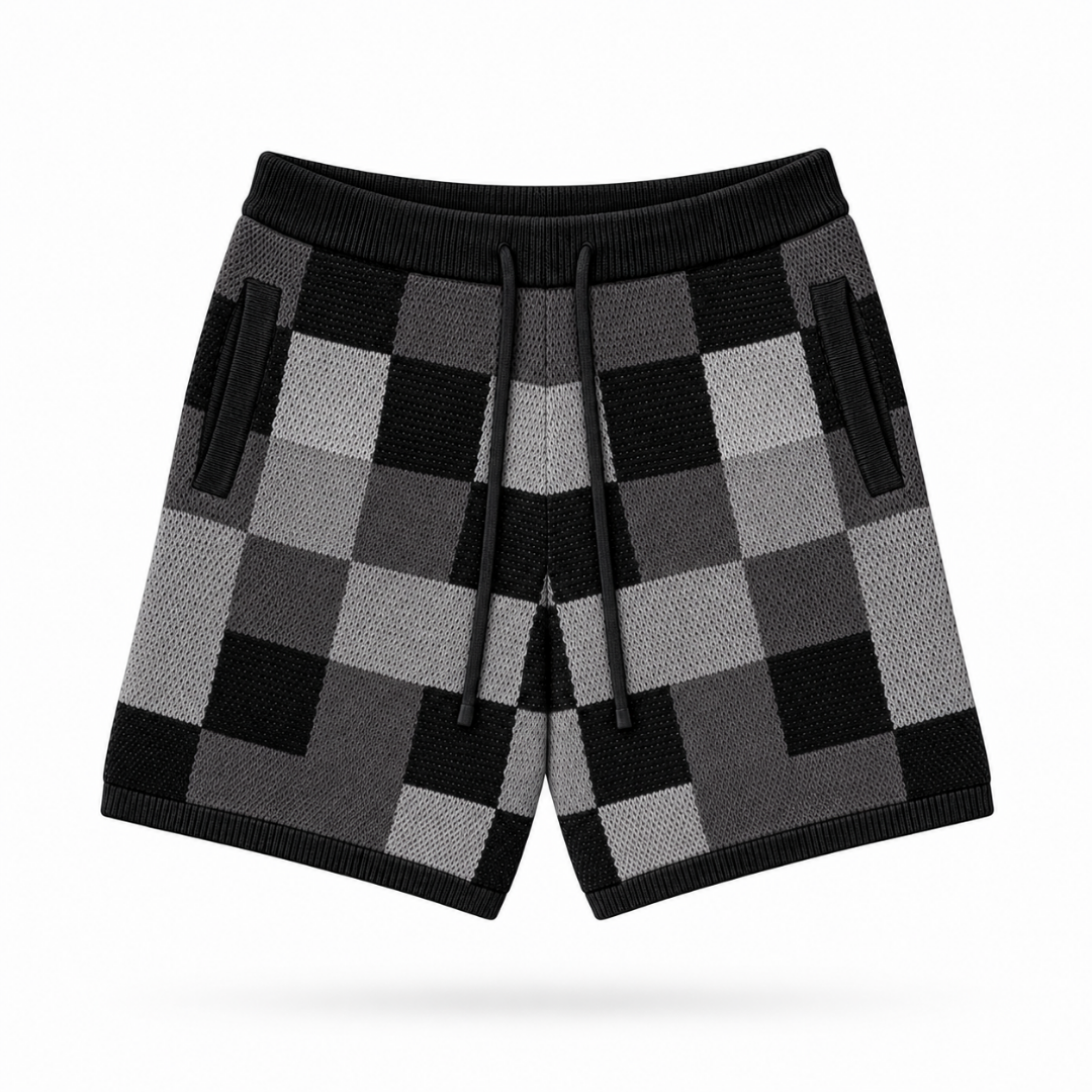the crochet-knit checkered shorts - black no sauce