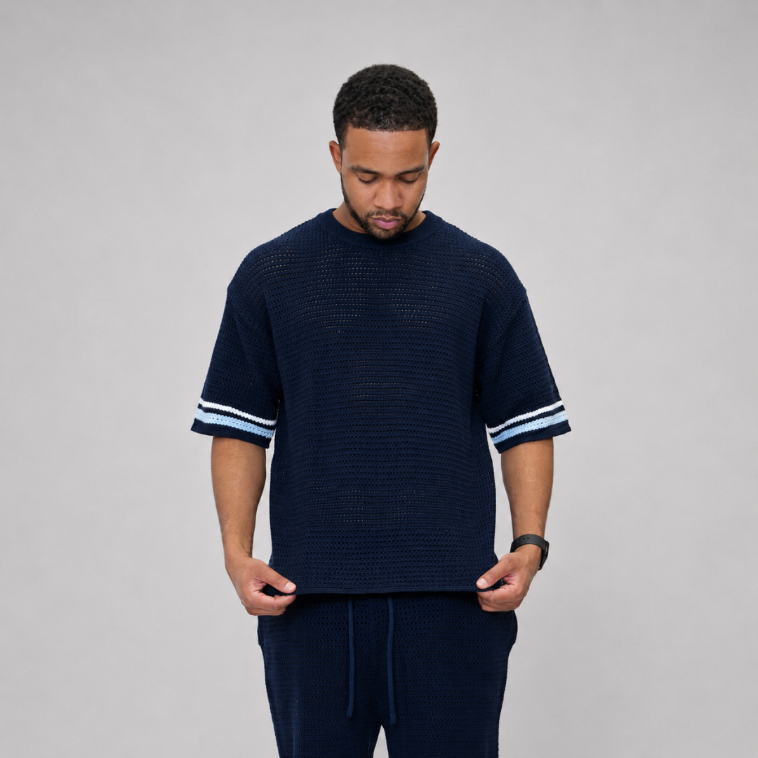 the crochet-knit striped tee - navy no sauce