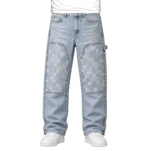 the checkered straight leg carpenta’ jeans - light blue No Sauce